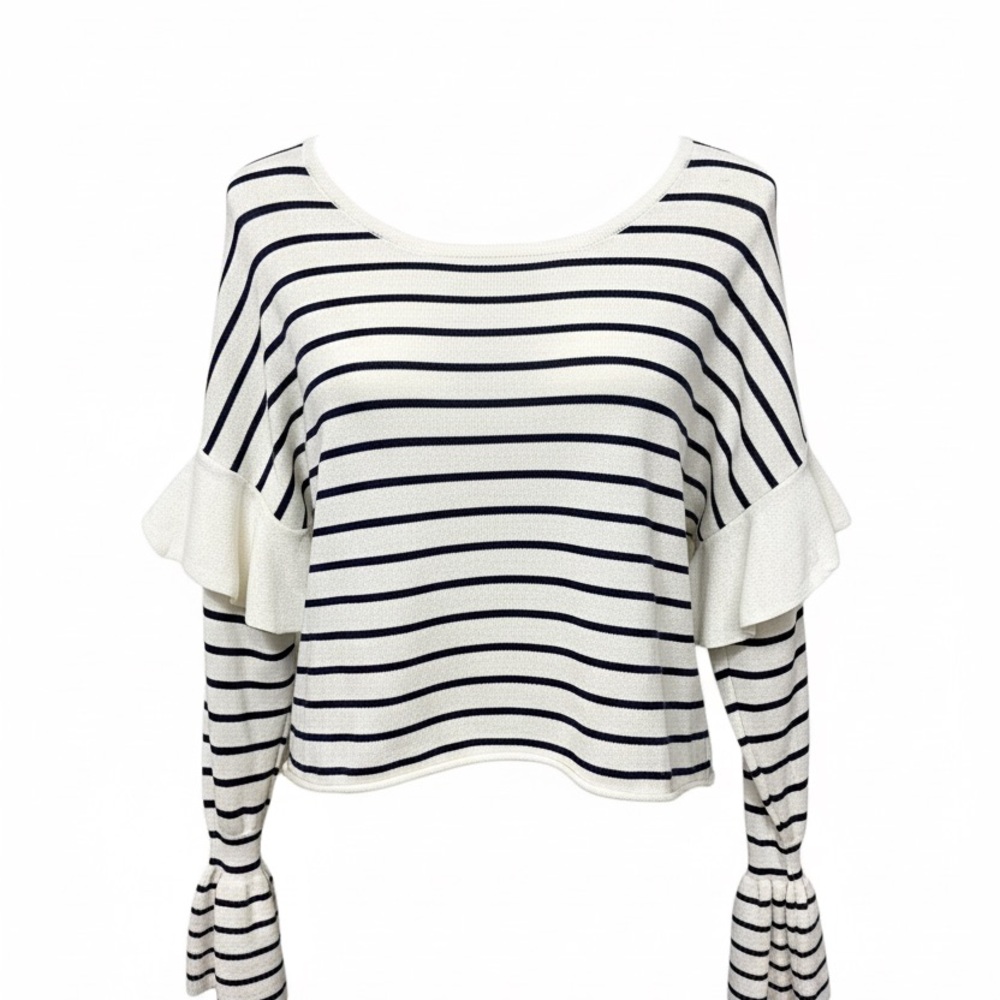 Love By Design White and Navy Striped Ruffle Sleeve Top